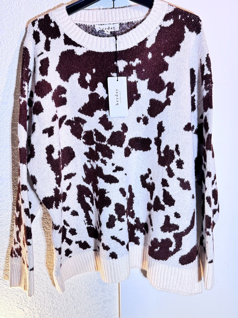 heyday Cream and Brown Cowprint Crewneck Sweater